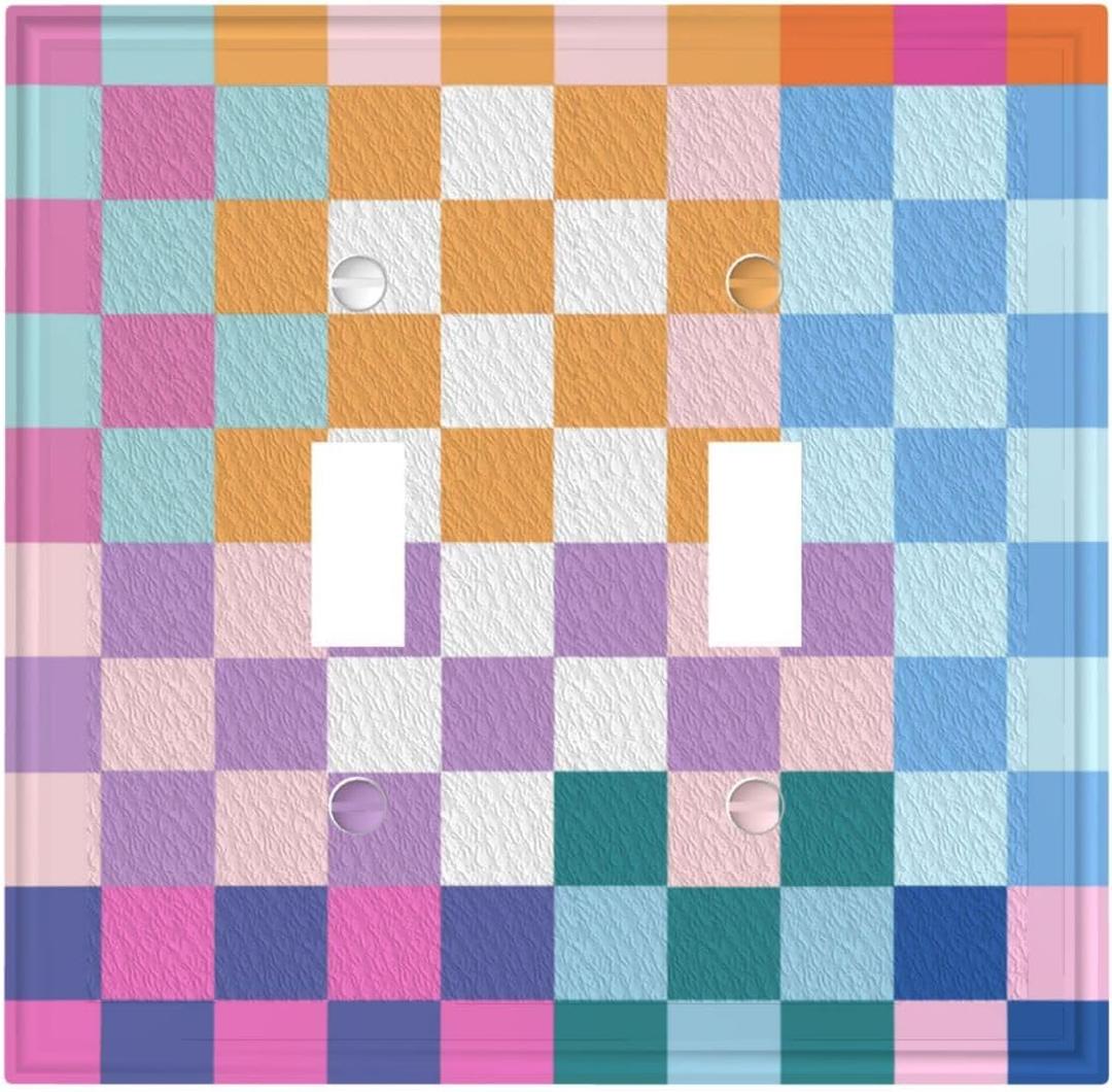 wyehjut Colorful Retro Checkered Wall Plate Decorative 2 Gang Double Toggle Pretty Rainbow Geometric Light Switch Cover Electrical Receptacle Faceplate for Girls Bedroom Home Bathroom