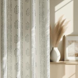 100% Boho Blackout Curtains 63 Inches Long for Bedroom, Grey on Beige Patterned Bohemian Curtains for Living Room, Geometric Striped Thermal Insulated Window Drapes Gromment Top 2 Panels