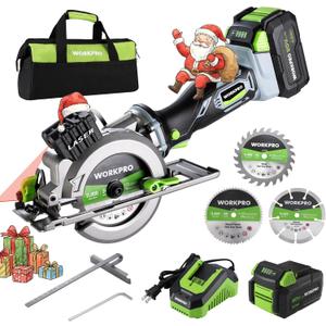 WORKPRO 20V Cordless Mini Circular Saw, 4-1/2" Compact Wireless Circular Saw 4.0Ah Battery, Fast Charger, 3 Blades, 4500RPM, Laser Guide, Max Cutting Depth 1-11/16"(90), 1-1/8"(45)