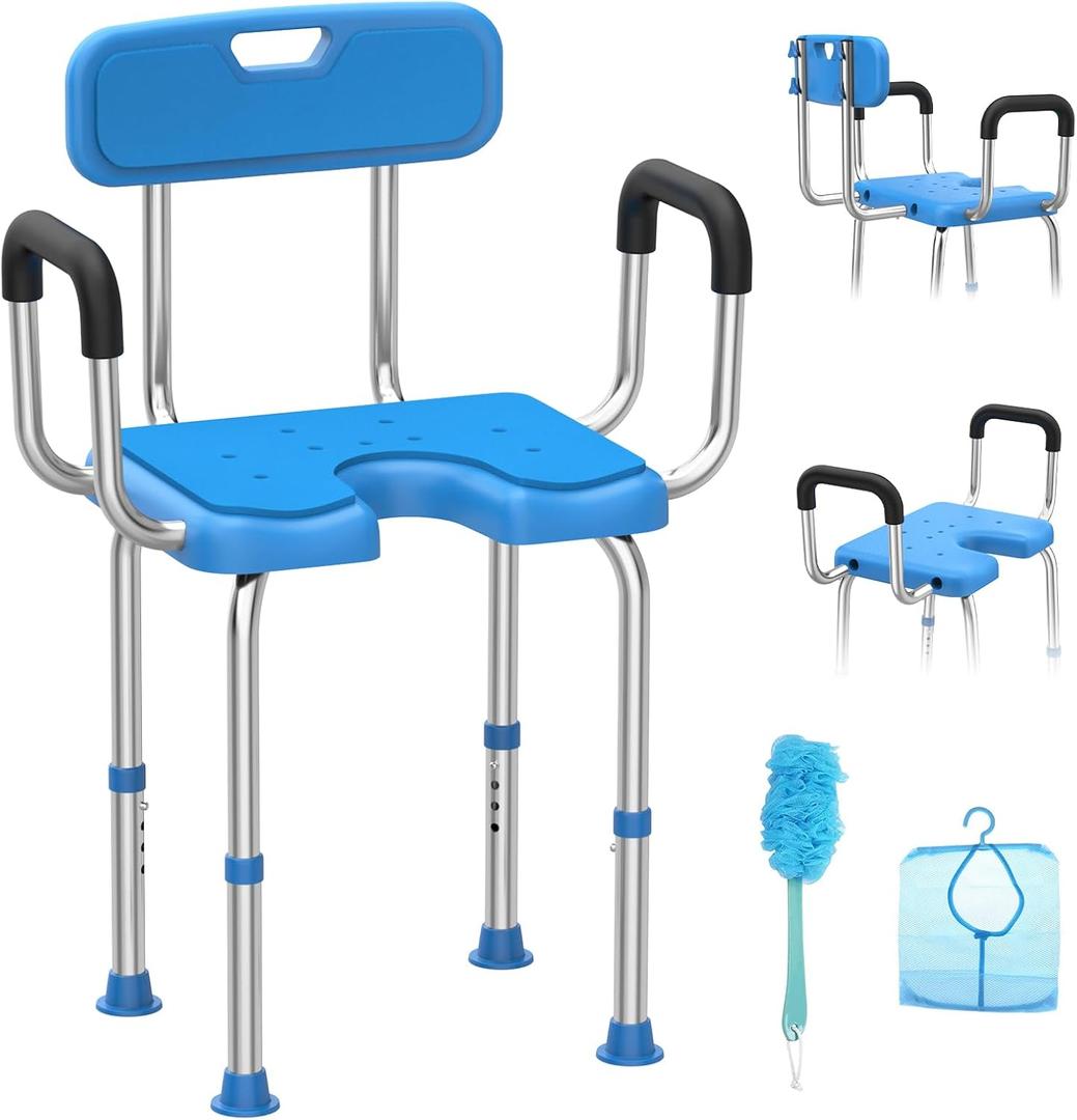 Stainless Steel Shower Chair with Removable Back and Arms, 500lbs U-Shaped Shower Seat for Bathtub, Adjustable Non-Slip Safety Shower Chair for Elderly, Seniors & Disabled, Adults, Blue