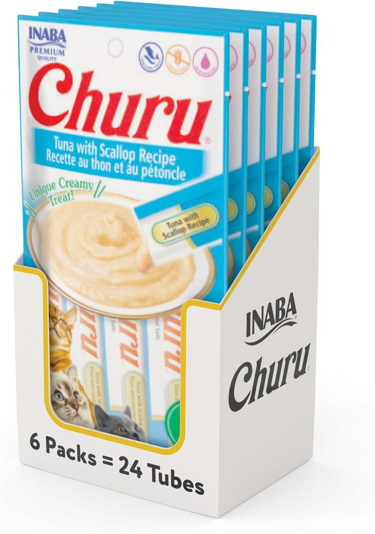 INABA Churu Cat Treats, Lickable, Squeezable Creamy Pure Cat Treat with Green Tea Extract & Taurine, 0.5 Ounces Each Tube, 24 Tubes (4 per Pack), Tuna with Scallop Recipe (EXP 07/24/26)