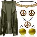 Frienda 6 Pcs 60s 70s Outfit for Women Hippie Halloween Costume Set Peace Sign Earring Headband Fringe Vest Tassel Cardigan (X-Large, Army Green)