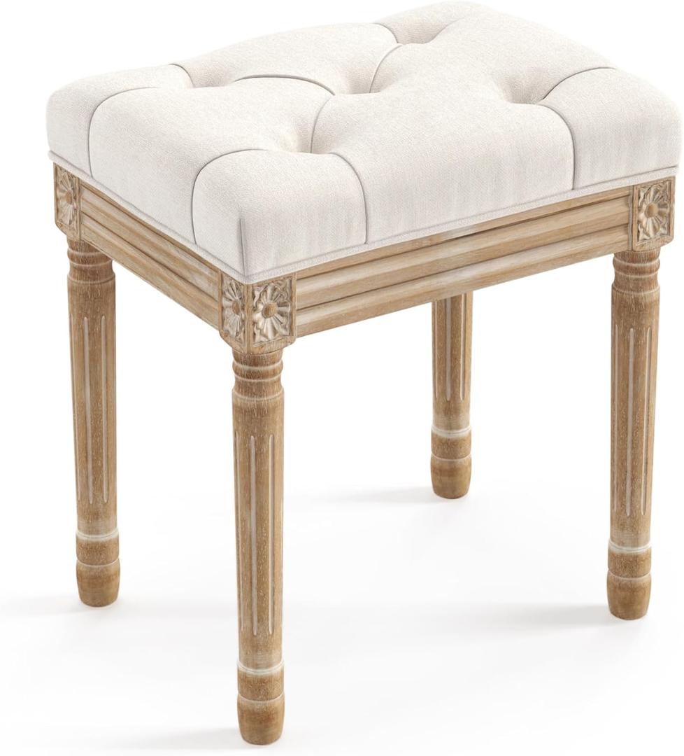 LUE BONA Upholstered Fabric Vanity Bench Seat, Makeup Stools for Vanity, Square Tufted Ottoman Bench with Carved Wood Color Legs for Bedroom Living Room, Beige (Beige and Wood)