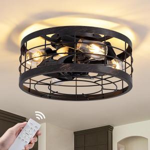 Small Caged Ceiling Fan with Light Flush Mount, 16.14'' Retro Industrial Bladeless Fans Ceiling,(6-Speed/Reversible/Timing), Farmhouse Rustic Ceiling Fan for Bedroom Kitchen living Room