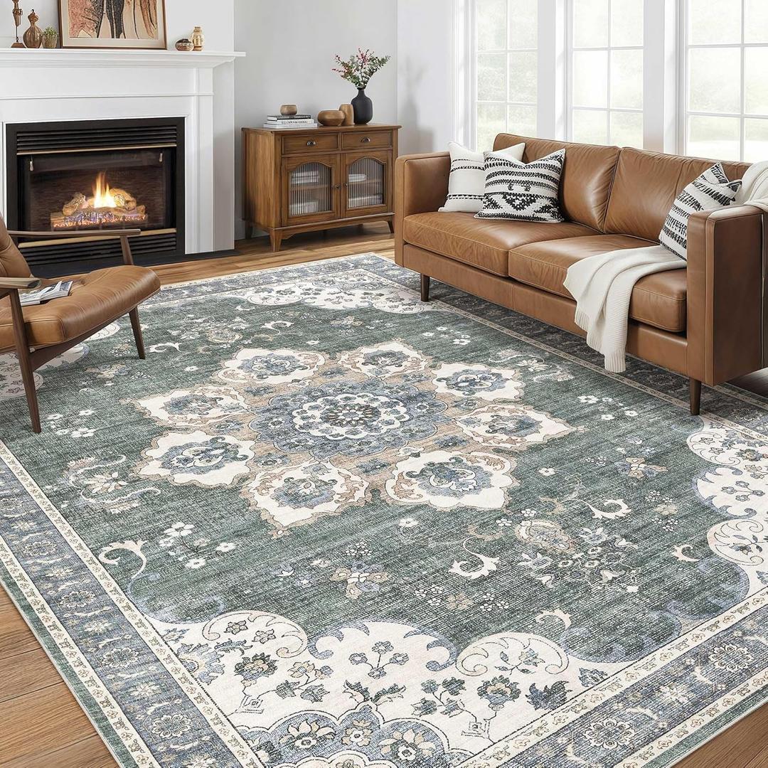 Area Rug for Living Room - 8x10 Soft Washable Oriental Vintage Floral Distressed Large Carpet - Fade Stain Resistant Non Slip Rugs for Bedroom Dining Room Nursery Dorm Office Home Decor - Green