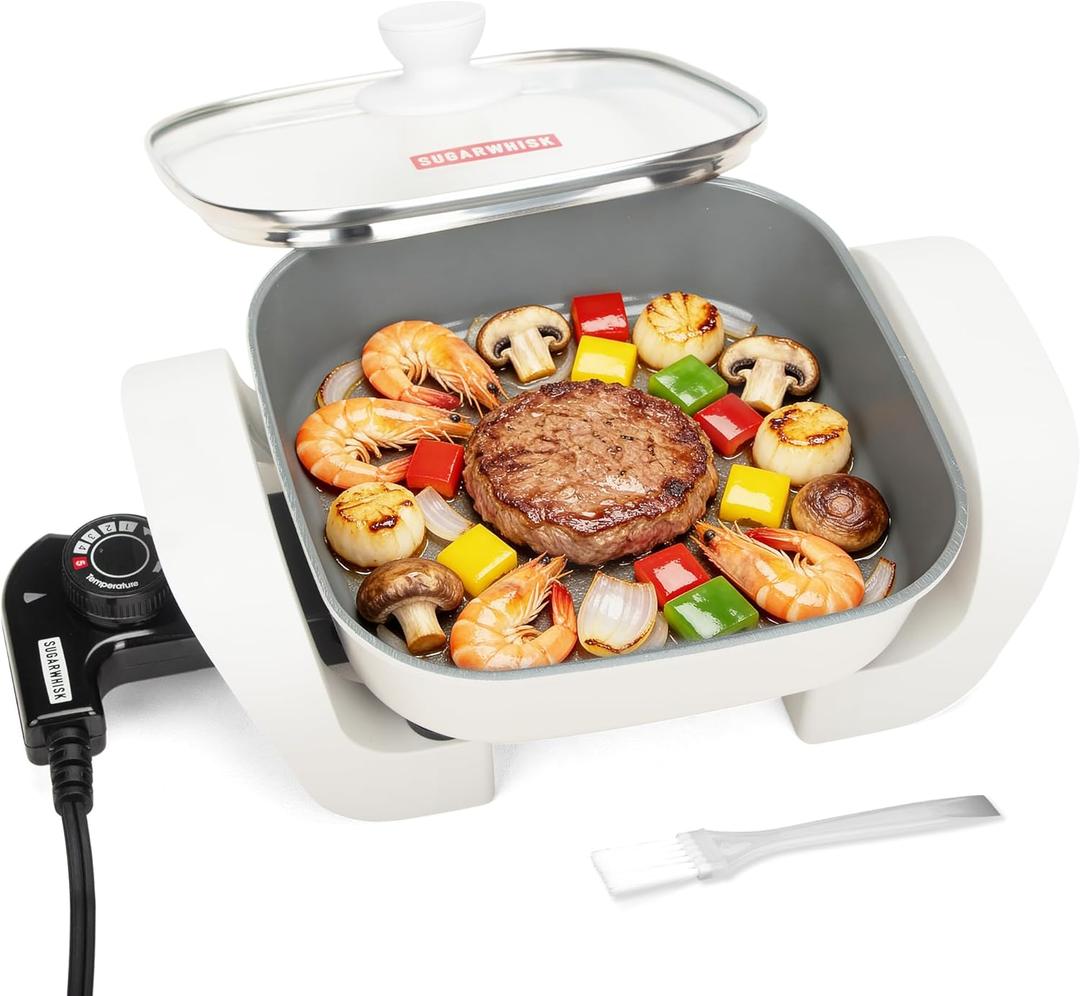 8-inch Ceramic Coated Electric Skillet with Lid, Non Stick Skillet Griddle Pan Electric, Rapid Heat Up, 650W, Breakfast Skillet, Kitchen Appliances for Cooking, White