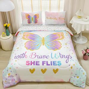 Cokouchyi Twin Size Comforter Set for Girls, 5-Piece Bed in a Bag, 3D Colorful Butterfly Bedding Comforter Sheet Set, Ultra Soft and Fluffy, Pink & Rainbow Color (Butterfly 5-piece)