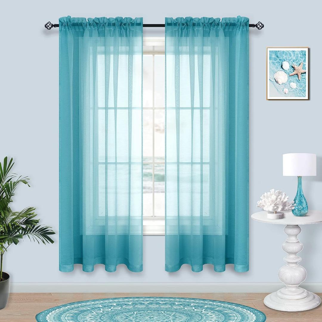 Pitalk Teal Curtains 63 Inch Length for Bedroom 2 Panel Sets Rod Pocket Window Sheer Curtains for Living Room 52x63 Inches Long