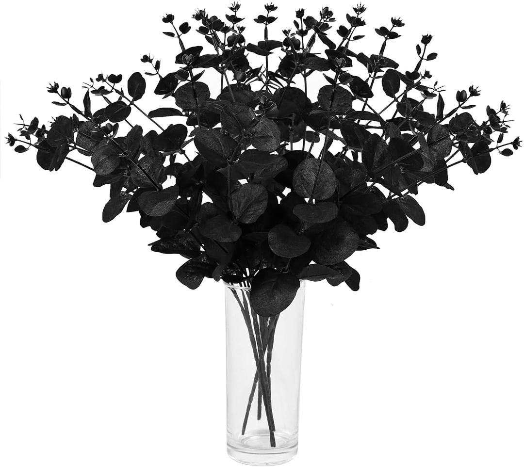 STEFORD 18 Pcs Black Artificial Eucalyptus Stems, Artificial Flowers Faux Eucalyptus Leaves Branches Bouquet for Table Centerpieces Black Silk Flowers Halloween Home Decor