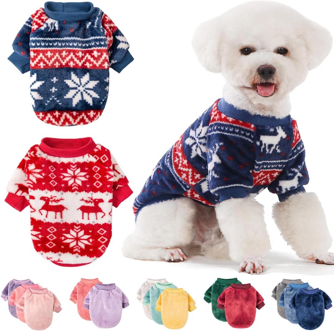 FabriCastle Christmas Dog Sweater, 2-Pack Dog Clothes, Ultra Soft and Warm Pet Jackets for Small Dogs & Cats, Winter Pet Apparel Costumes, Puppy Outfits (Red,Blue, Large)