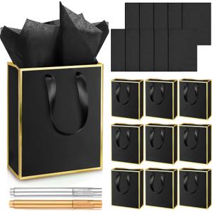 Yeaqee 10 Pack Metallic Paper Gift Bags with Handles Tissue Paper Thank You 5 Senses Gift Bag for Birthday Wedding Baby Shower Groomsmen Bridal Anniversary Favor 9 x 7 x 3.15''(Black, Gold)