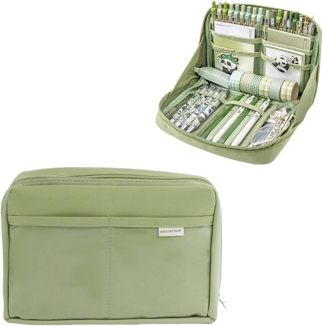 Kawaii Cute Aesthetic Pencil Case - Large Capacity Canvas Pen Pouch Bag (Green) (8.7*5.12*1.18'')