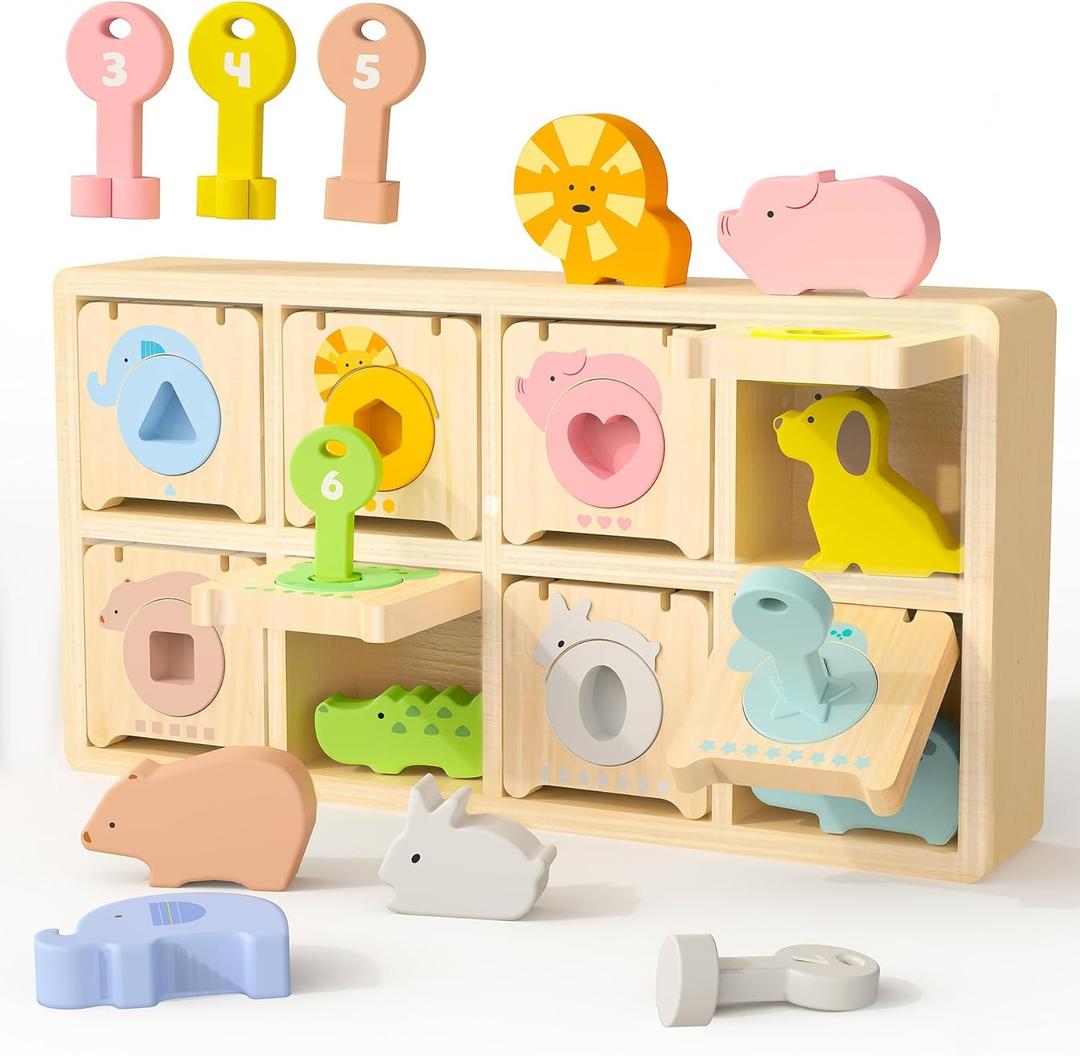 Montessori Toys for 2 year Old,Wooden Keys and Locks Set With 8 Wooden Animals and Keys,Learning Fine Motor Skills Toys for Toddlers,Preschool Educational Sorting Toys for 1-3 Boys and Girls Gift