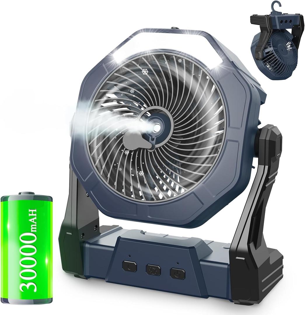 Ausic Portable Misting Fans for Outside, 30000mAh Outdoor Cooling Fan for Patios 250ml, 8 Inch Camping Battery Operated Rechargeable Fans, Spray Fan with Light & Hook for Beach, Tents, Travel (Grey)