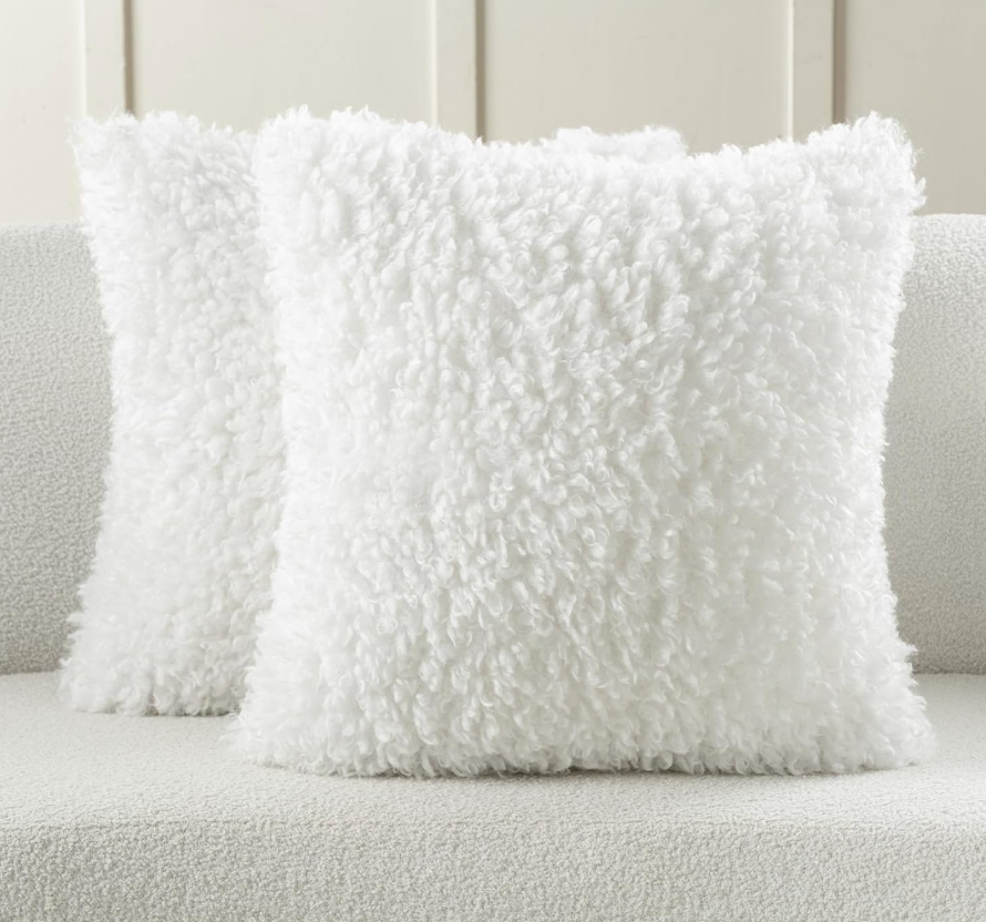 Pack of 2 Decorative Throw Pillow Covers 22x22 Inch,Soft Fluffy Faux Wool Fur Boucle Textured Cushion Case,Modern Home Decor for Couch Bed Living Room Office,Cream White