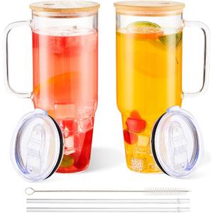 2 Pack Glass Cups with Lids and Straws Large 40 oz Glass Tumbler with Handle Clear Reusable Iced Coffee Cups, with Bamboo Lid & Plastic Lid, BPA Free, Wide Mouth for Hot/Cold Drinks