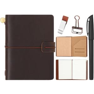 Thenshop Travelers Refillable Leather Journal Notebook Travel Diary Handmade Passport Travelers Journal for Men and Women with 3 Notebook Inserts, Pen Holder, Binder Clip (Brown, Passport Size)