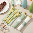 Lasnten 50 Pack Pre Rolled Gold Plastic Silverware Set Disposable Wrapped Plastic Cutlery Set Include Sage Green and White Napkins Knives Spoons and Forks for Wedding Birthday Party Supplies