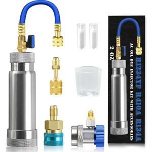 R134A & R1234YF & R410A AC Oil Dye Injector Kit with R134A Quick Coupler R1234YF Quick Coupler R410A Adapter 2 Oil Checkers 2 oz Measuring Cup