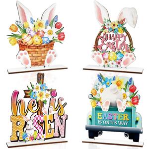 2 x Easter Decor- 4pcs Wooden Easter Bunny Table Centerpieces for Tabletop Rustic Bunny Wood Table Sign with Eggs and Flower Ornament, Farmhouse Rabbit Decorations for home, Office, and Party Suppliers