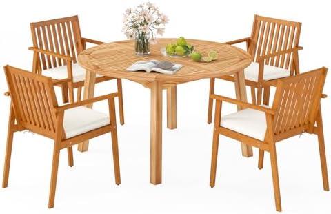 Tangkula 5 Pieces Wood Round Patio Dining Set, Outdoor Acacia Table and Chairs with Umbrella Hole and Soft Cushions, Outside Furniture Set for Deck, Garden and Backyard