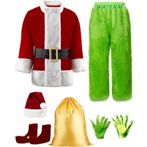 Christmas Green Santa Claus Costume Funny Santa Suit for Adult Men Cosplay Halloween Costume Outfit (Large)