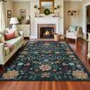 Terrug 5x7 Dark Green Floral Area Rug for Living Room,Boho Machine Washable Ultra-Thin Rugs with Non-Slip Blacking for Bedroom,Large Flower Carpet for Dining Room Playroom Floor Decor