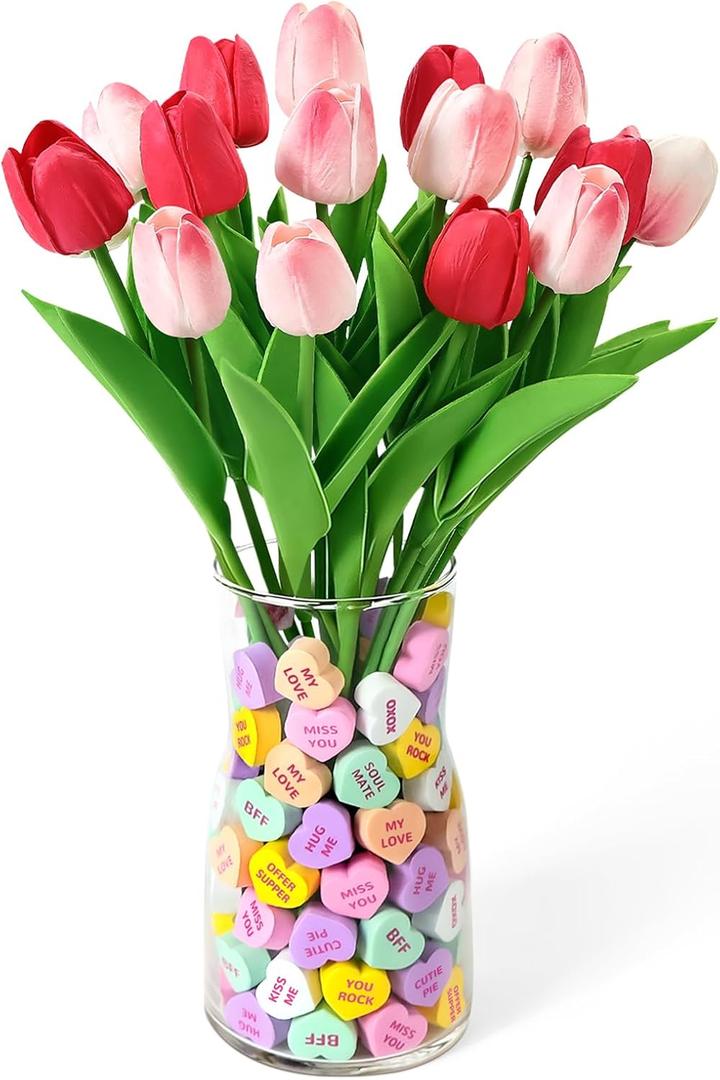 Mulbozy Valentines Day Decorations, Valentine Theme Decor with Glass VaseConversation Hearts Filler & Tulips for The Home or Office Centerpiece Table