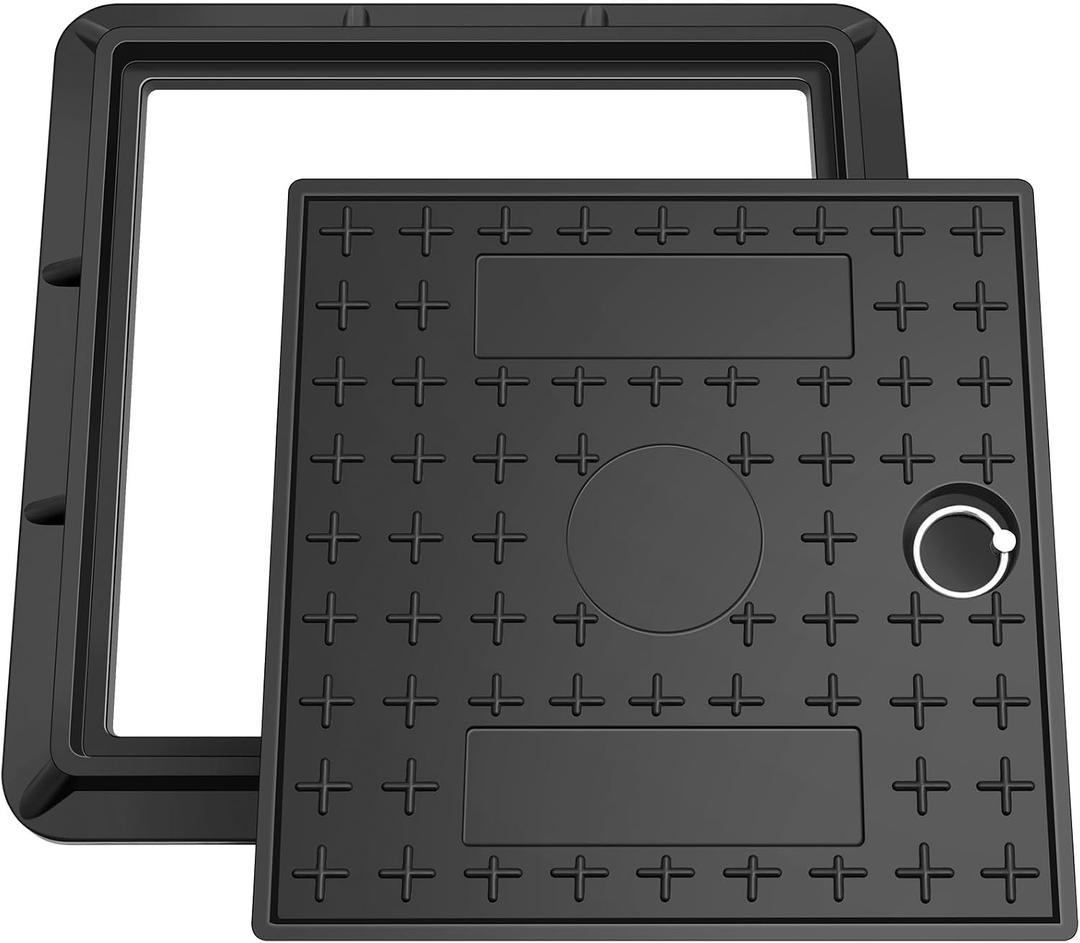 18 x 18 Inches Frp Solid Square Septic Tank Lid and Base with Handles Manhole Cover Clear Opening for Yard Lawn Garden Pavement, Black