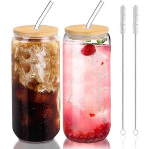 Glass Cups with Lids and Straws, Iced Coffee Cup, 20 oz, 2 Pack
Two 20 oz Can-Shaped Cups with Bamboo Lids, Straws for Everyday Cold Brew and Beer, Glass Coffee Cups