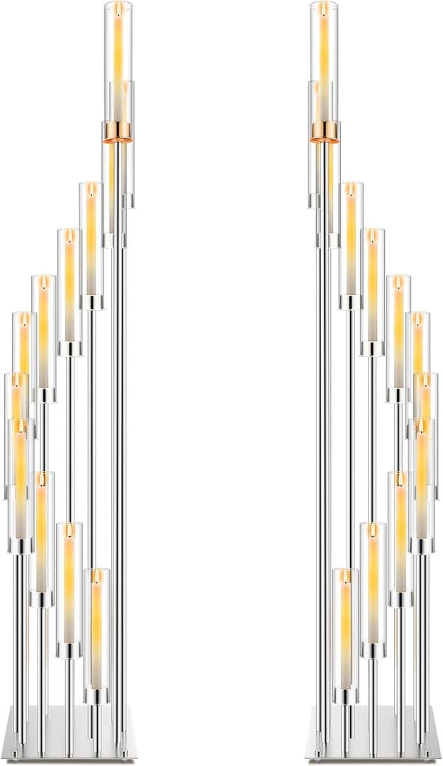 Dandat 2 Pcs 12 Arm Wedding Candelabras Candle Holder 57.5 Inch Tall Cluster Centerpieces Floor Candelabra Standing with Clear Acrylic Electronic Candle Shades for Birdal Shower Party Favors(Silver)