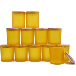 SHOWIN 14 OZ Thick Candle Jars for Making Candles 12 Pcs, 3 Wick Empty Jars with Wood Lids for Candle Making, Sample Container, Frosted Yellow