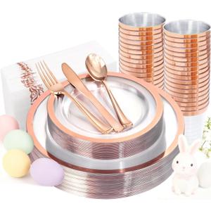 YOUBET 175PCS Rose Gold Plastic Plates - Clear Plastic Plates Disposable with Rose Gold Rim includes 50 Rose gold plates, 25Forks, 25Knives, 25Spoons, 25Cups, 25Napkins for Party & Wedding