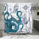 Blue Nautical Octopus Tall Shower Curtain Set, Funny Ocean Kraken Shower Curtains for Bathroom, Beach Coastal Pirate Map Decor Polyester Fabric-72" x 78"