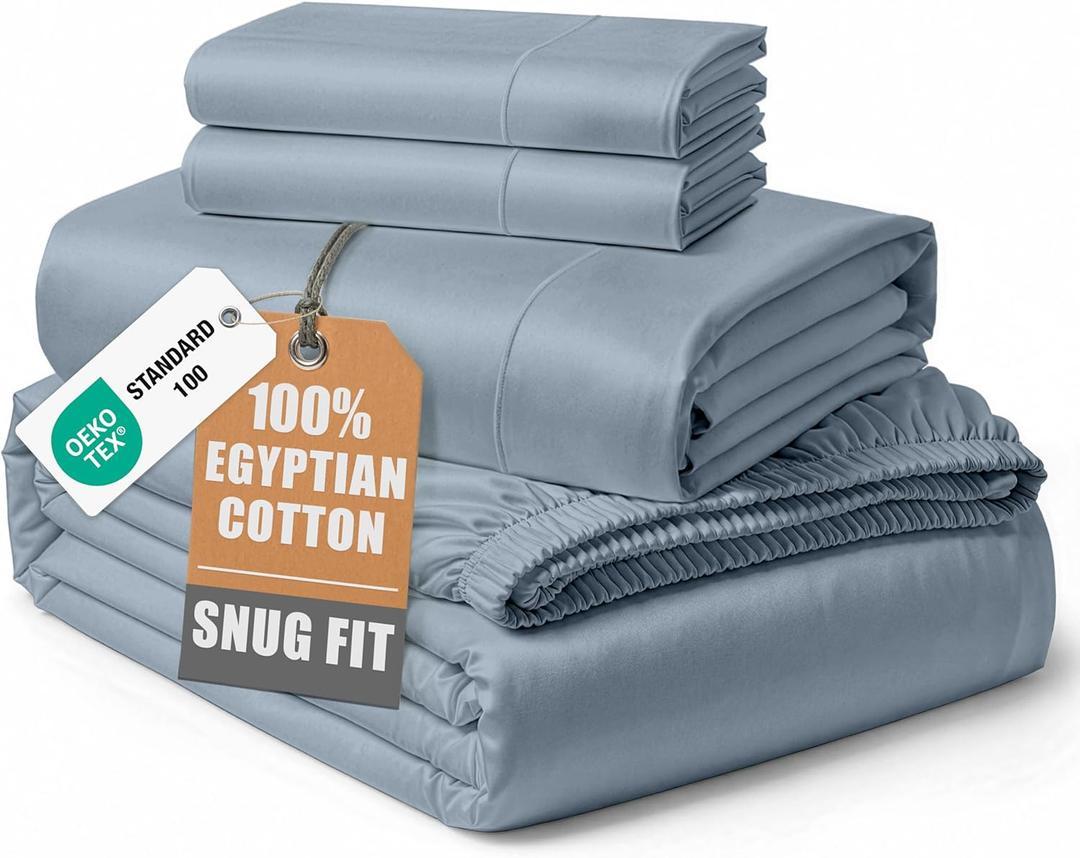 100% Egyptian Cotton Queen Size Sheet Set - Naturally Breathable & Durable Winter Comfort, Ultra-Soft Hotel Luxury Comfort with 15" Deep Pocket Queen Sheets, Silky Sateen Weave - French Blue