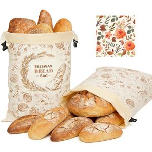 2 Pack Reusable Beeswax Bread Bags for Sourdough Homemade Bread, 17x13-Inch Cotton Storage Bags with Lock Closure, Fresh-Keeping for Fridge, Freezer & Daily Use(2 pack bread bag and 1 wraps)