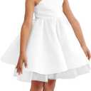 Toddler Wedding Guest Party Dress Short One-Shoulder Flower Girl Tutu Dresses for Formal Graduation Party White Satin Tulle Princess Pageant First Communion Dress for Girls Bow-Knot 06 (White, XS)