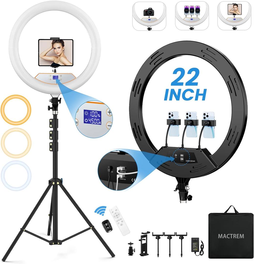 22'' Ring Light with 75'' Tripod Stand, LED Display/2 USB Ports/6500K Dimmable Ring Light for ipad Phone Holder for Tattoo Lash Live Makeup Video Recording TikTok Barber Stylist Photography (22 inch)