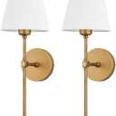 Bsmathom Wall Sconces Sets of 2, Hardwired Classic Brushed Brass Sconces Wall Lighting, Bathroom Vanity Light Fixture with Fabric Shade for Bedroom Living Room Hallway Kitchen, Gold