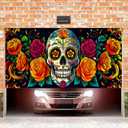 13x6ft Da de Los Muertos Garage Door Cover Banner Colorful Sugar Skull Marigold Floral Papel Picado Hanging Backdrop Outdoor Indoor Party Photo Background Decor