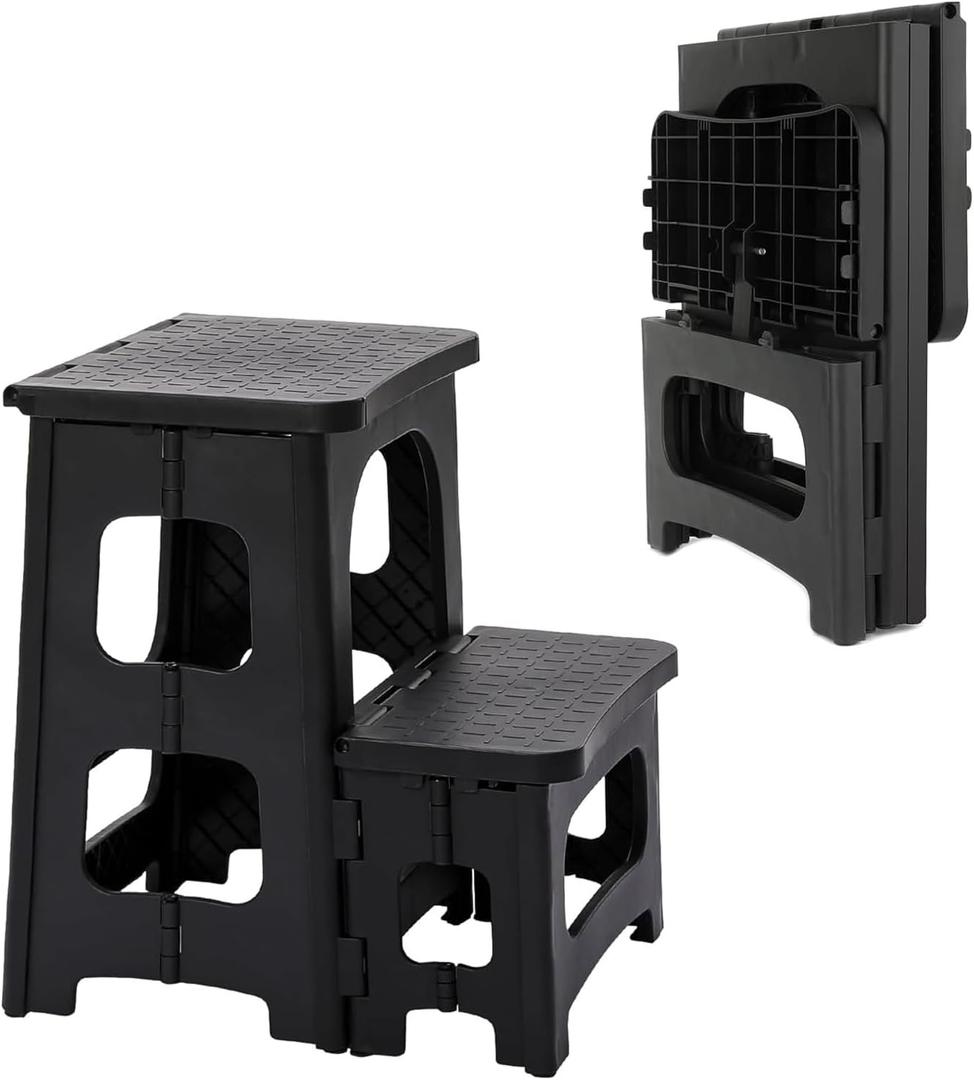 2-Step Folding Stool, Portable Bedside Step Stool, Non-Slip Folding Step Stool Plastic Steps Ladder, Hold up to 300 lbs, Lightweight & Foldable Step Ladder for Kitchen Toilet Office Home RV (Black）