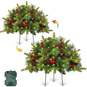Dual Color Change & Timer 2 Pack 21 Inch Outdoor Christmas Tree Urn Fillers with 8 Mode Warm White & Multi Color Light Red Berries Pine Cones Battery Operated Tripod Stake Xmas Decor for Pathway Porch
