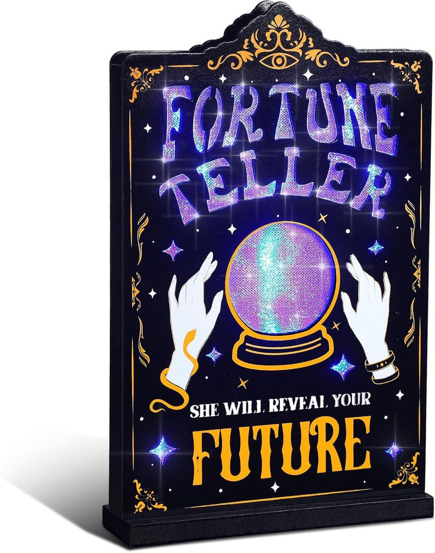 Fortune Teller LED Tabletop Sign Halloween Fortune Teller Tabletop Decoration with Blue Fortune Teller Glow Tarot Readings for Halloween Home Office Decor Spooky Party Supplies No Batteries
