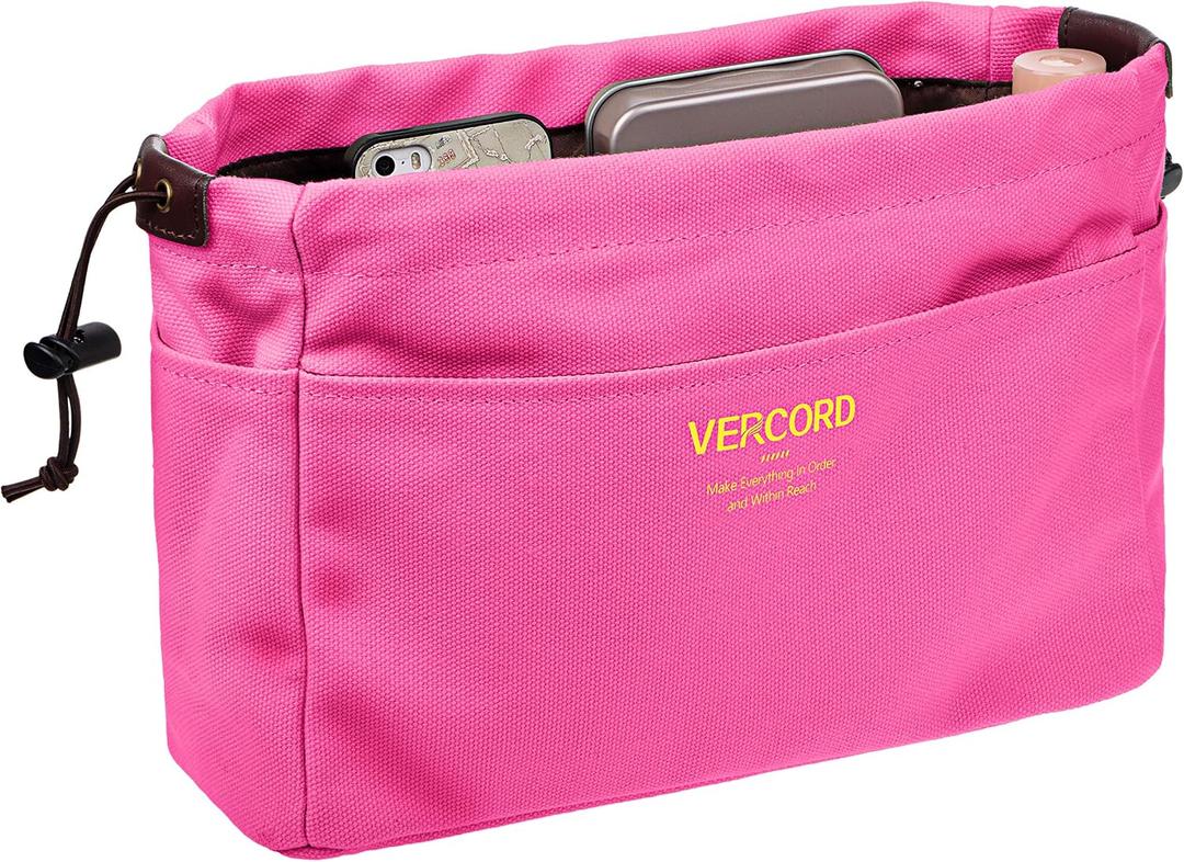 Vercord Canvas Handbag Organizers, Sturdy Purse Insert Organizer Bag in Bag, 10 Pockets Color Rose Small