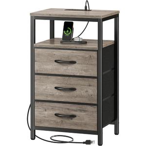 Huuger Nightstand with Charging Station, Fabric Drawers, End Table with Open Shelf, Bedside Table with USB Ports and Outlets, Night Stand for Bedroom, Oak