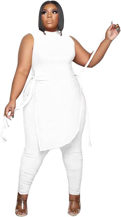 Women Plus Size 2 Piece Outfits Jumpsuit Camouflage Print Sleeveless Slit Tunic Tops Pant Set (XX-Large, Off-white)