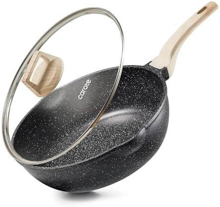 CAROTE 11Inch Nonstick Deep Frying Pan with Lid, 5.5 Qt Jumbo Cooker Saute Pan with Pour Spout, Skillet Induction Cookware, Non Stick Cooking Pan PFOA Free, Classic Granite