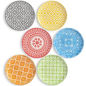 Dinner Plates Set of 6, 8 Inch Scratch Resistant Ceramic Plates, Dishwasher and Microwave Safe, Pasta Plate, Salad Plate, for Main Course, Boho style (Single Color)