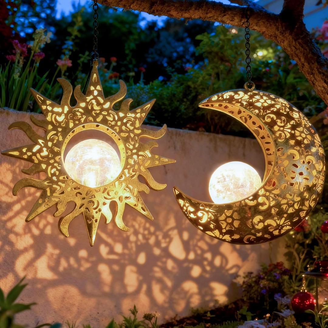 Solar Hanging Sun & Moon Lights Set for Outside,2 Pack Metal Lanterns Pierced Carving Soothing Lamp, Large Decorations for Yard Garden Patio Proch Tree Wall, Christmas Gifts for Women Mom