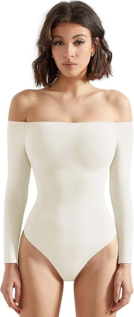 SUUKSESS Women Off the Shoulder Long Sleeve Bodysuit Double Lined Thong Bodysuit (Small, Cream White)